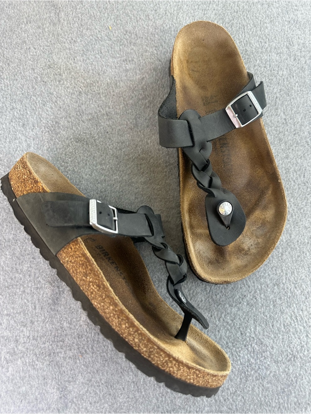 Birkenstock Gizeh Braided Sandal Black Leather Cork Size 41⁠